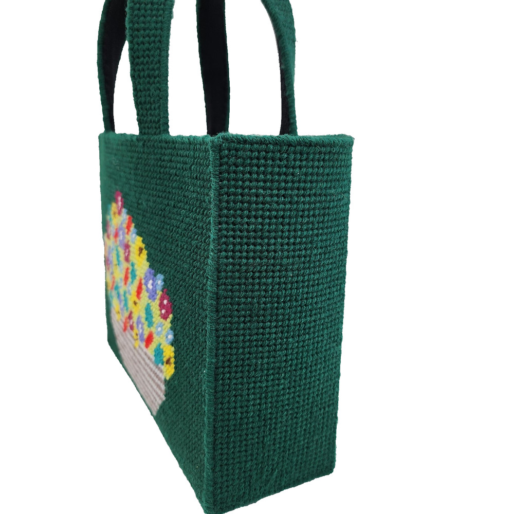 VTG Handmade Needlepoint Tote Bag Floral Canvas Plastic Purse Craft Knit 11x9 - Picture 6 of 15